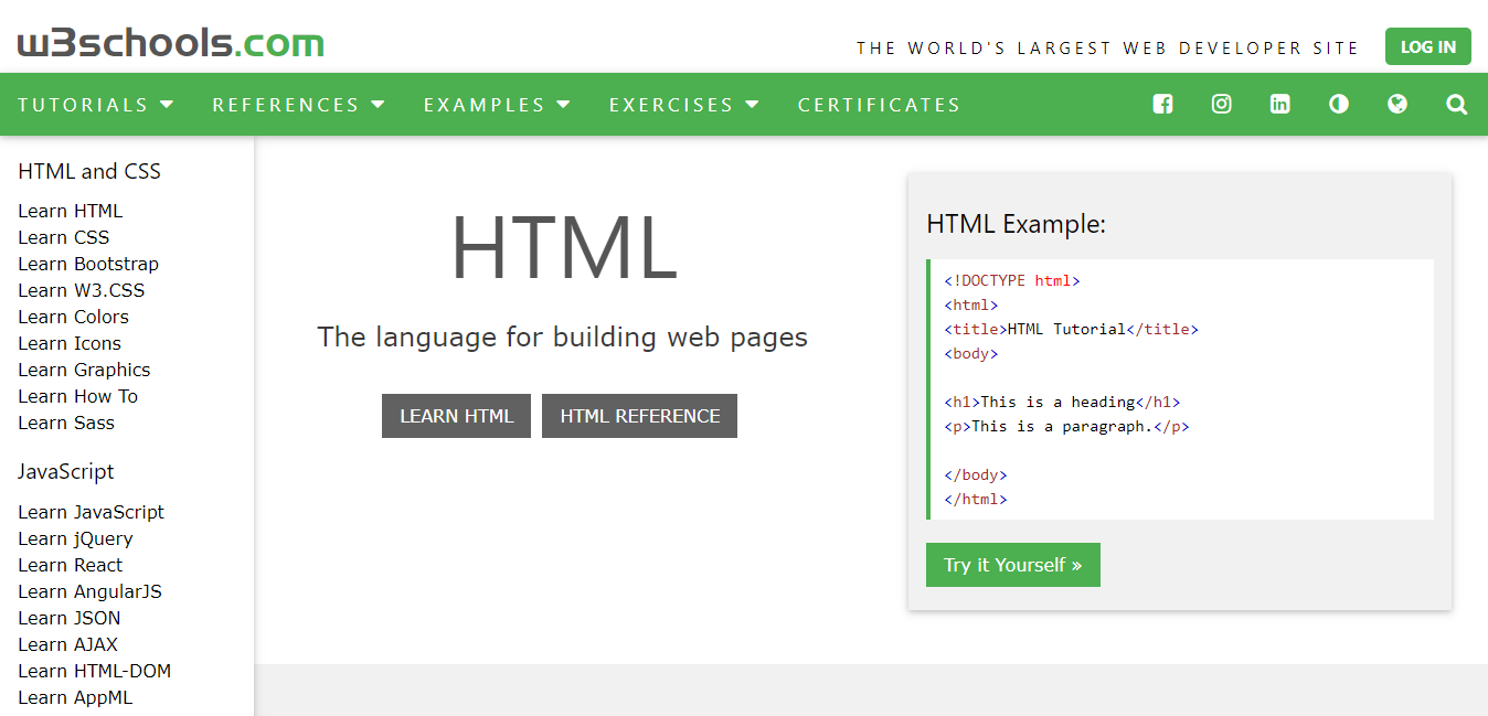 The W3Schools HTML page.