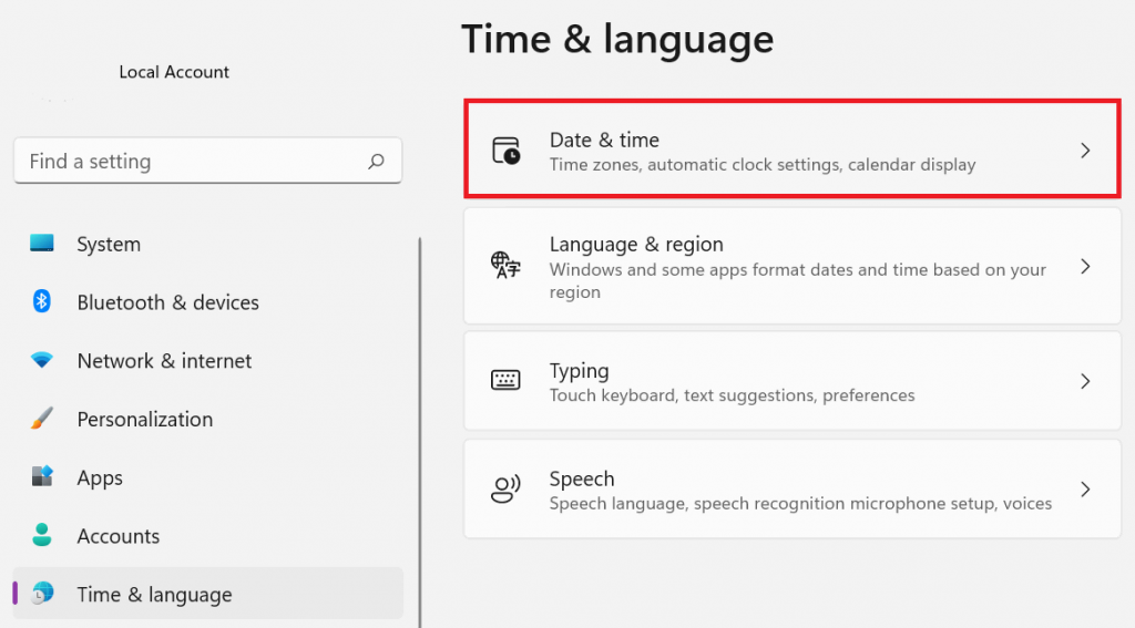 The Time & language section with Date & time highlighted