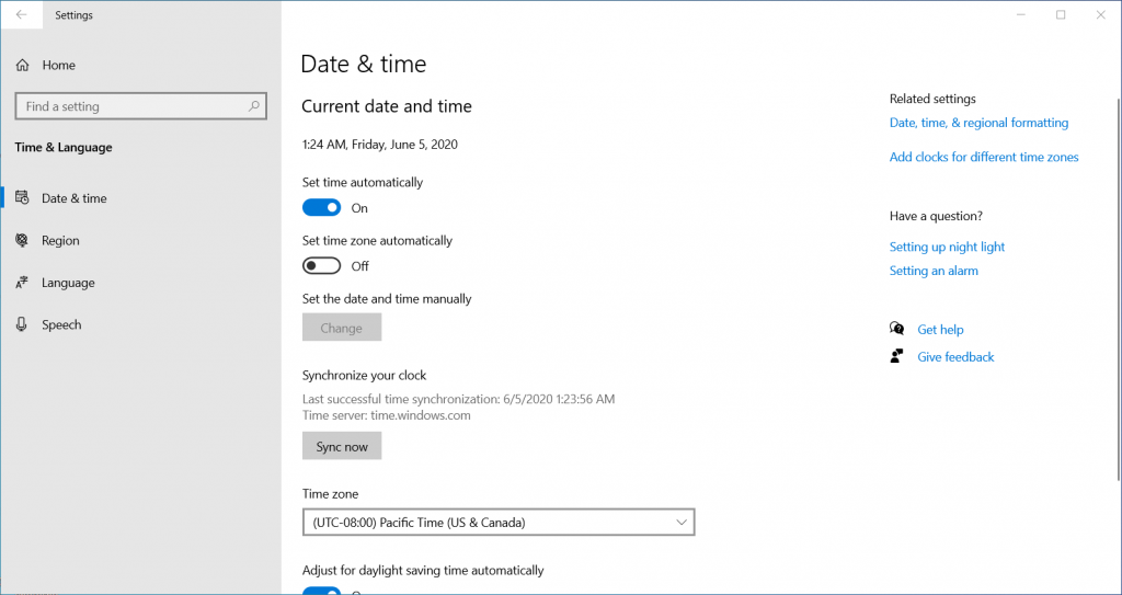 Screenshot of the Date & time settings on Windows