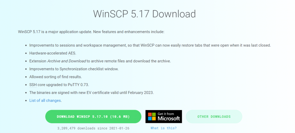 Screenshot of the page to download WinSCP FTP client