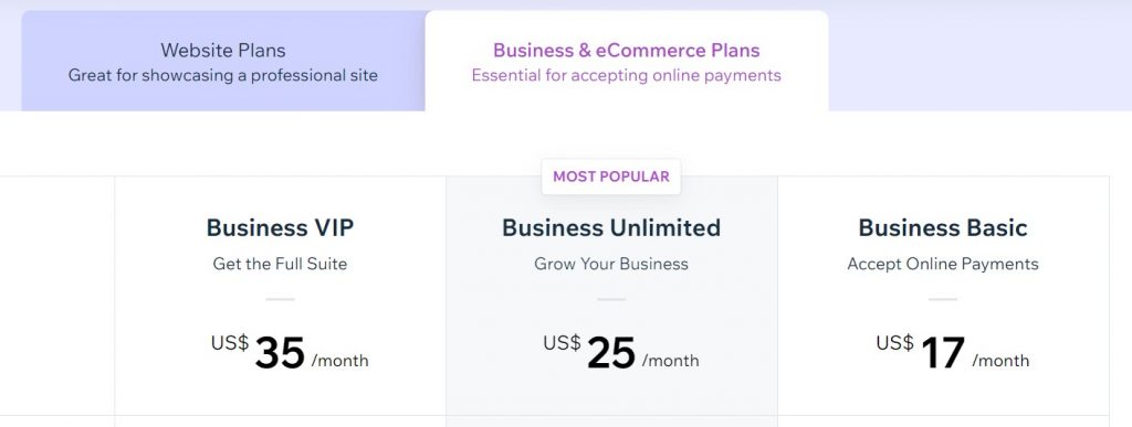 Wix Business & eCommerce plans