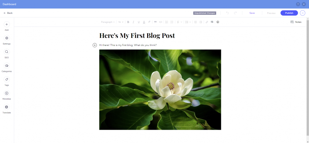 The interface of Wix's text editor for blogging
