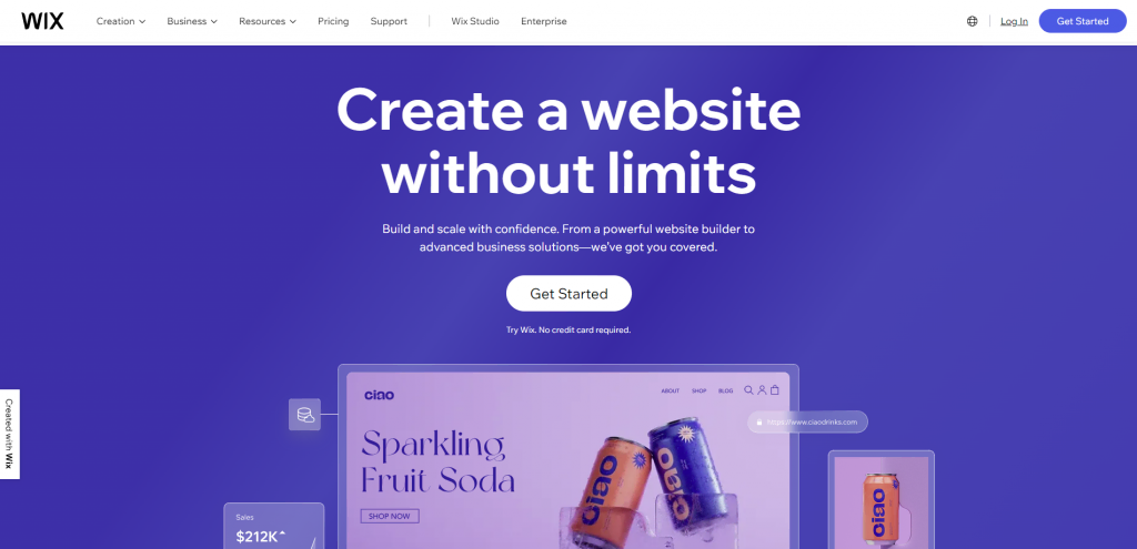 The homepage of Wix website builder platform