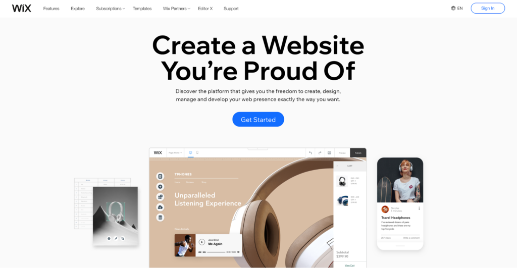 The homepage of Wix website builder
