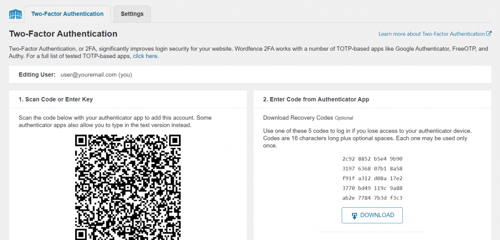 Two-Factor authentication on WordFence.