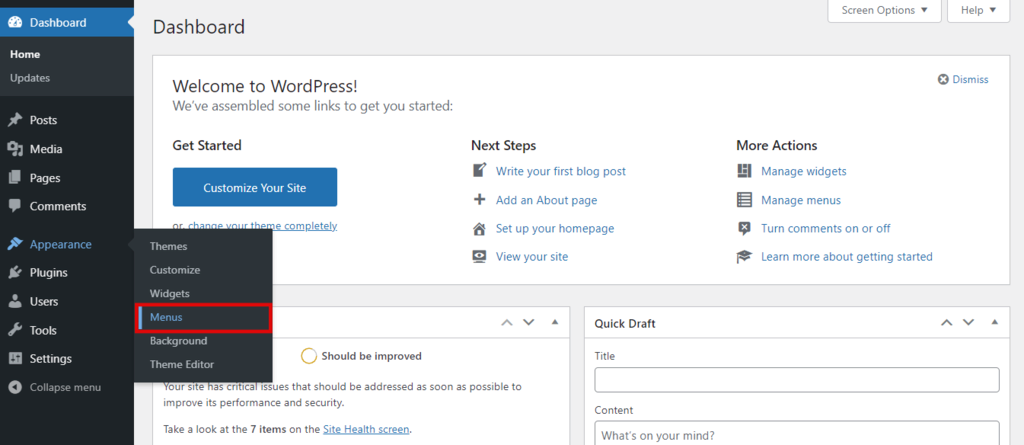 The Menus tab in the appearance section of the WordPress dashboard