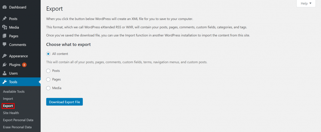 WordPress dashboard's Export page
