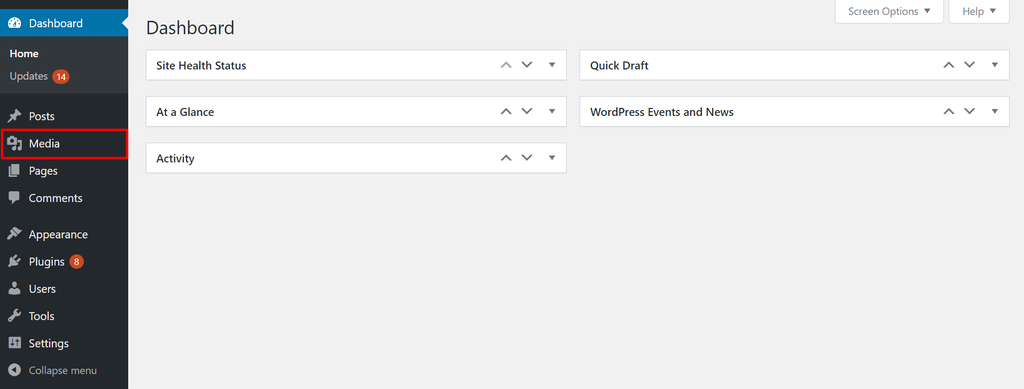 The WordPress dashboard with the Media option on the admin sidebar highlighted