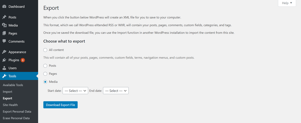 WordPress export page with the Media button selected