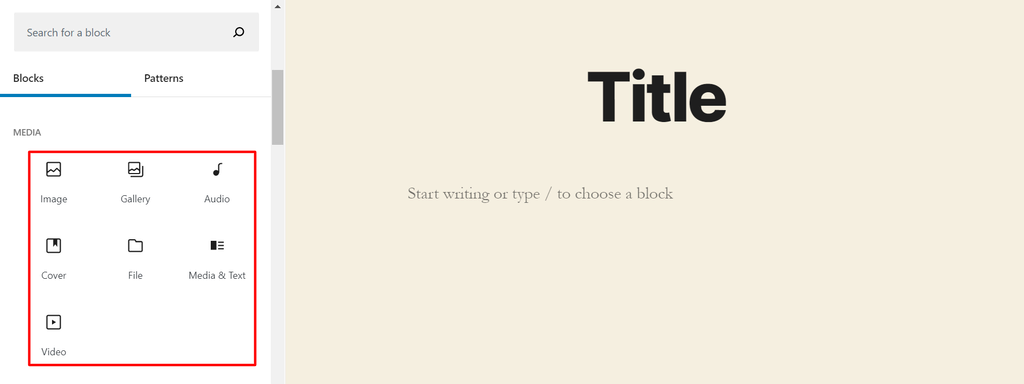 WordPress Gutenberg editor's block library with the media section shown