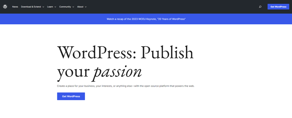 Homepage of WordPress, the most widely-used content management system for blogging