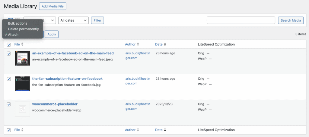 Media Library list view bulk actions
