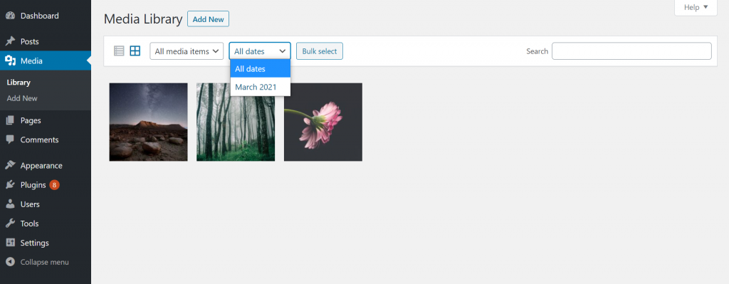 The drop-down menu used to filter items in the WordPress Media library by media upload date
