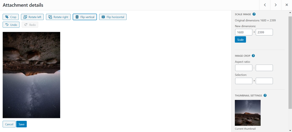 WordPress Media Library's image flipping feature