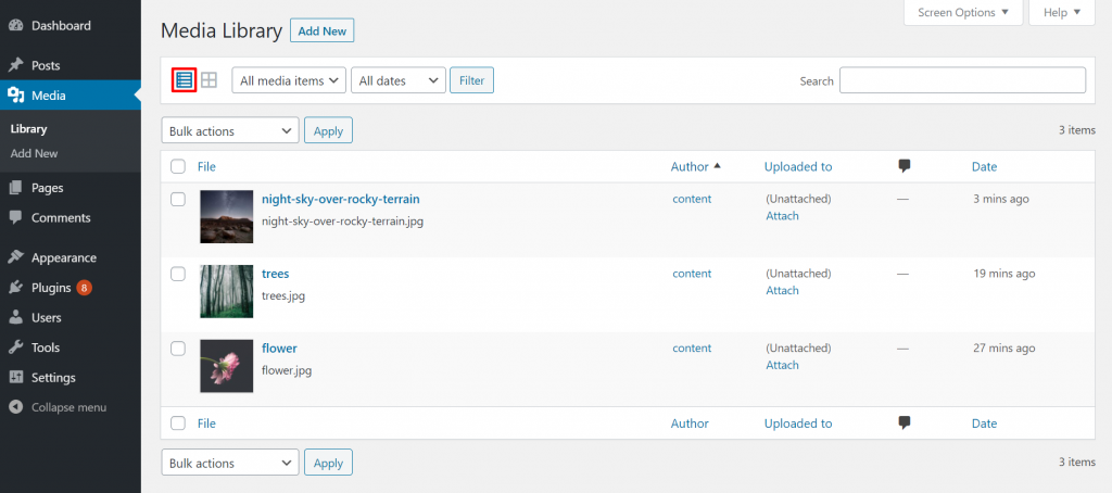 The list view of the WordPress Media Library