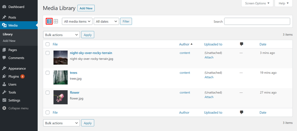 The list view of the WordPress Media Library