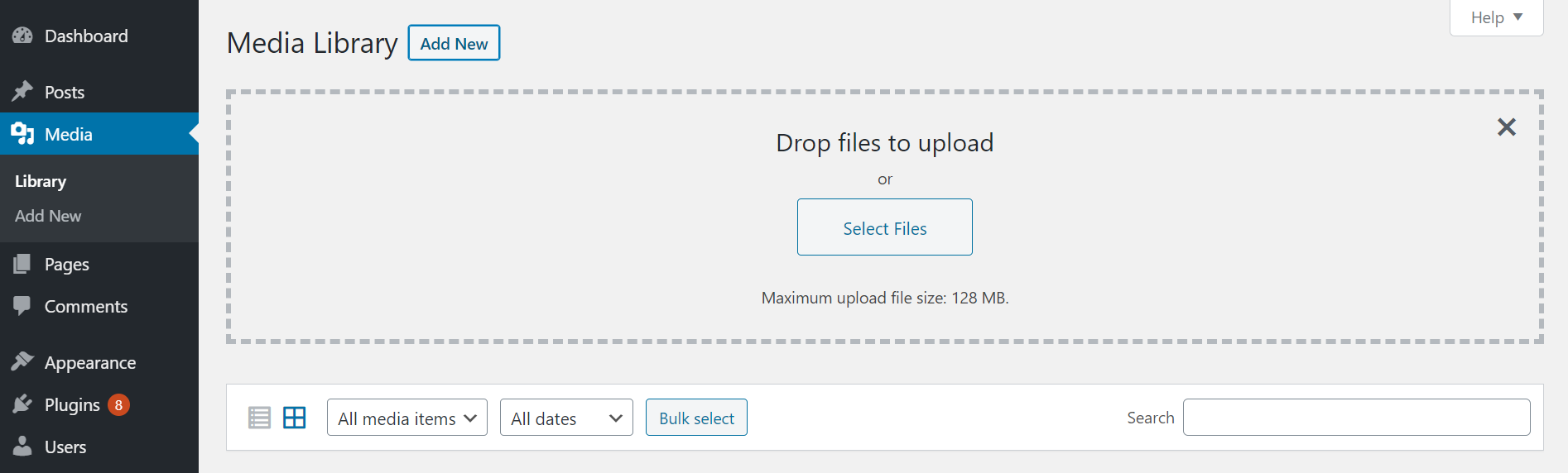 WordPress Media Library's new file upload box