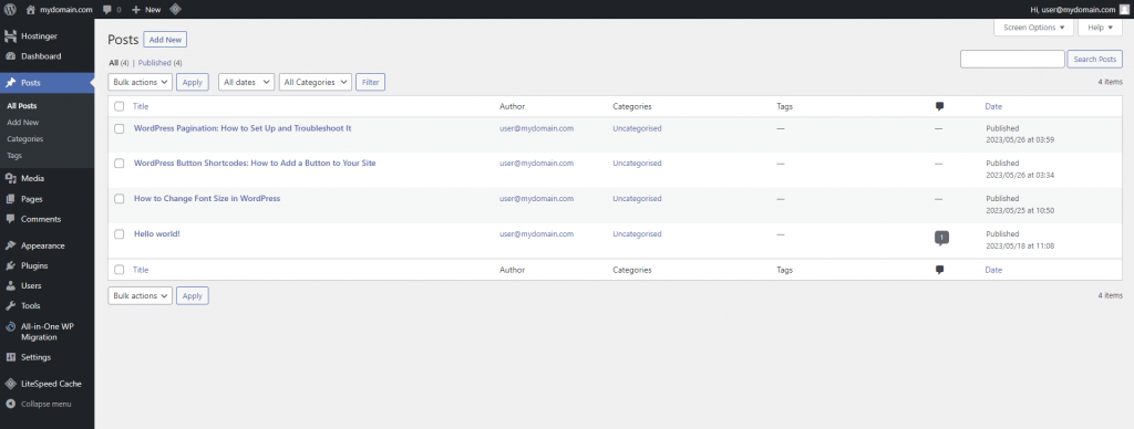 WordPress admin dashboard showcases posts section
