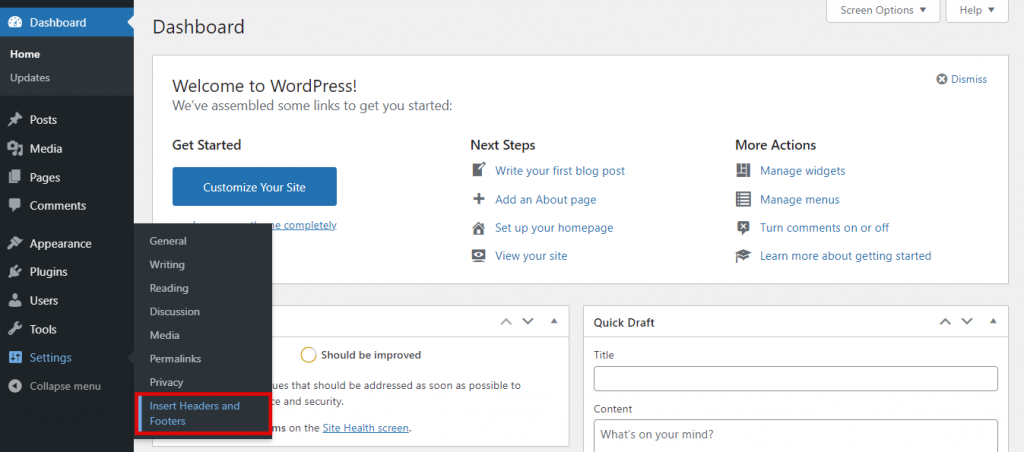 Selecting Insert Headers and Footers settings on WordPress dashboard