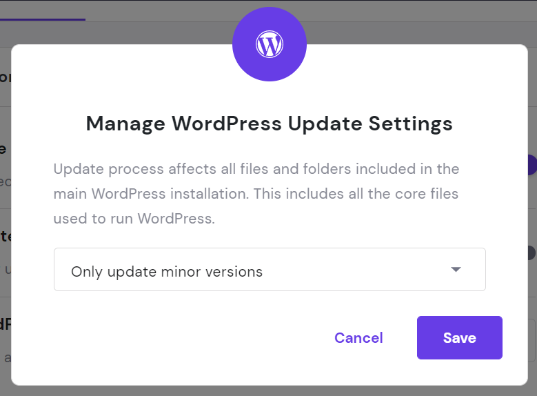 Manage WordPress Update Settings window