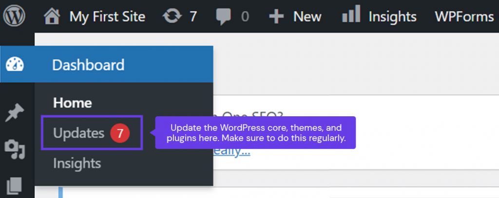 The update section in the WordPress dashboard