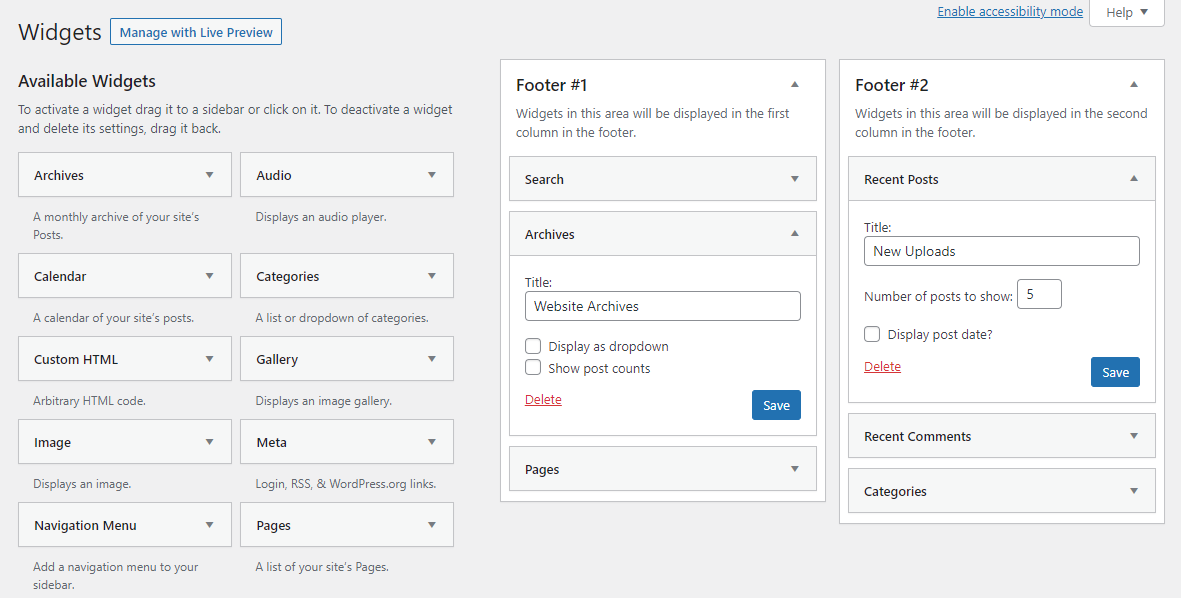 Adding widgets to the Footer area on WordPress Widgets page