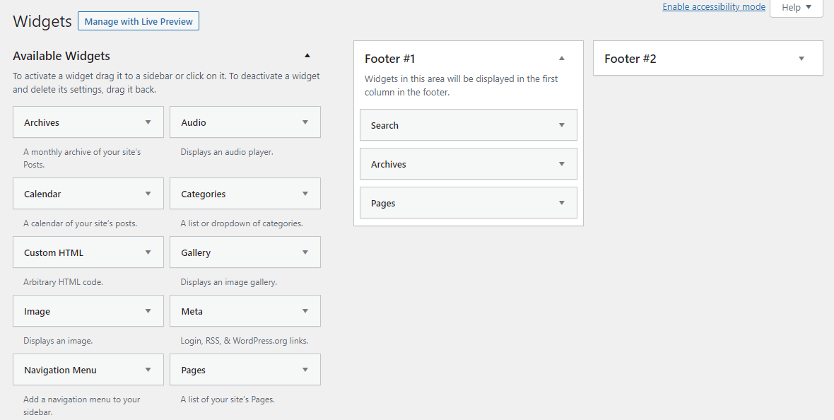 The Widgets settings in the WordPress dashboard