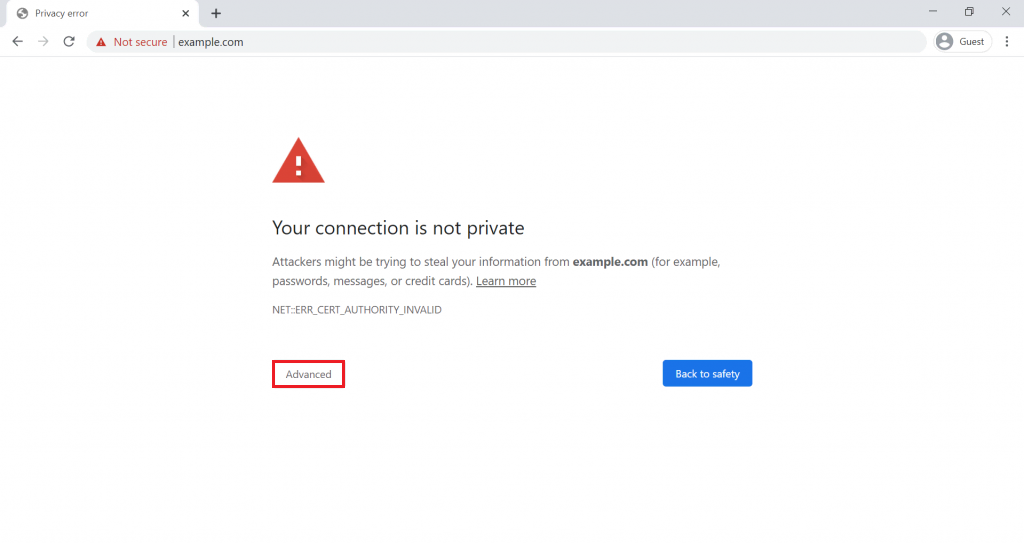 The "Your connection is not private" error page with Advanced highlighted