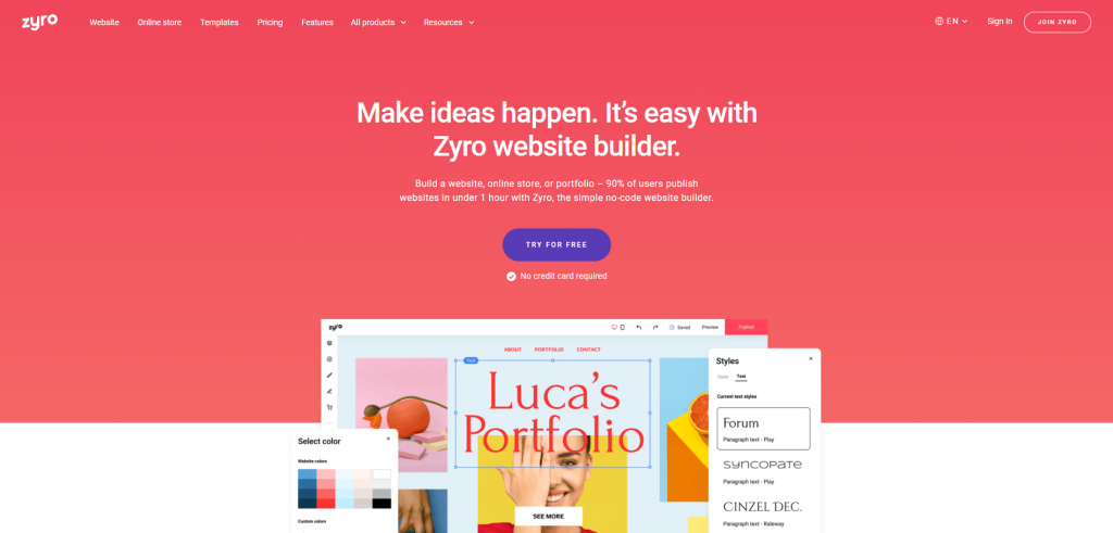 The homepage of the Zyro website builder.