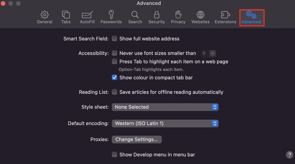 Advanced page of Safari browser's Preferences pop-up window with the Advanced tab highlighted.