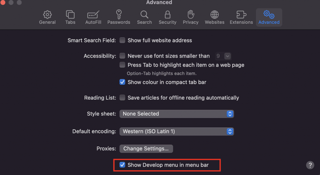 Advanced page of Safari browser's Preferences pop-up window with the "Show Develop menu in menu bar" writing and checked box highlighted.