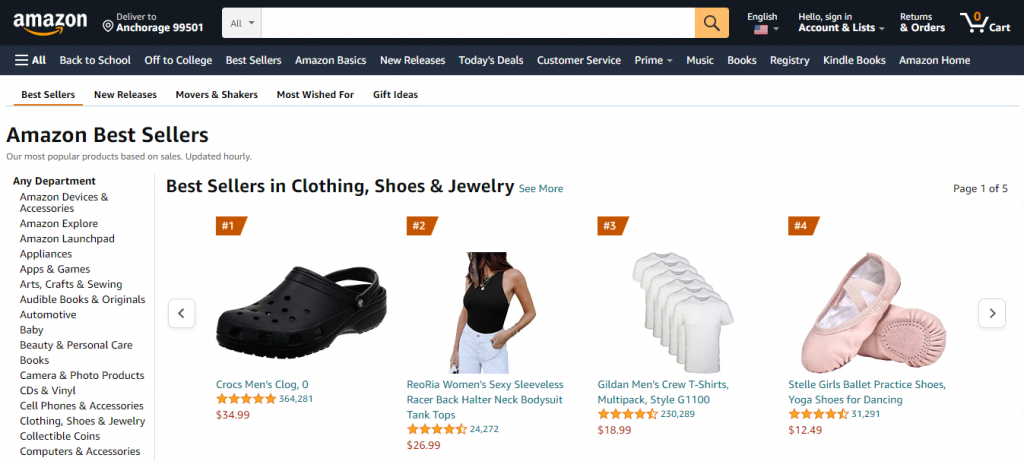 Trang bán chạy nhất trên trang web Amazon