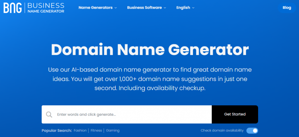 Page d`accueil du Business Name Generator