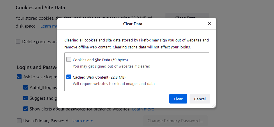 Clear Data window on the Mozilla Firefox browser settings with the "Cookies and Site Data" box unchecked and the "Cached Web Content" box checked.