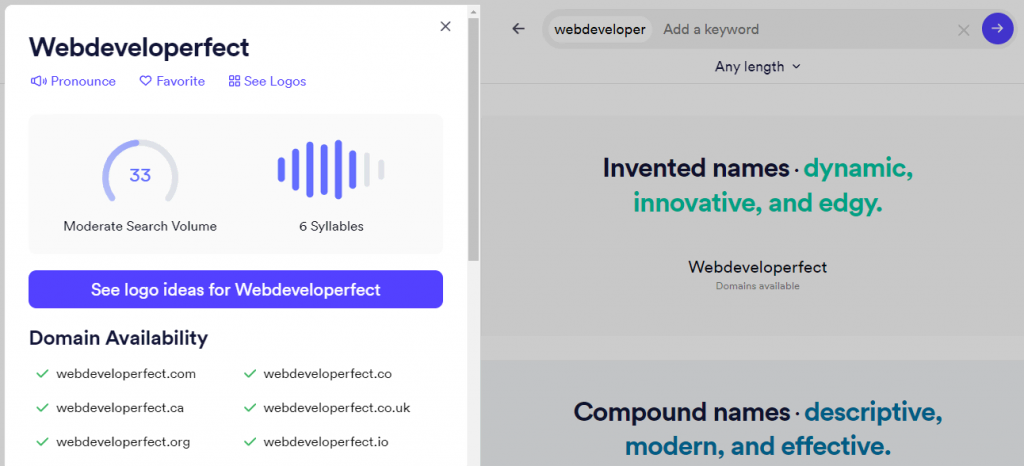 Détails du nom de domaine, indiquant le volume de recherche, les syllabes et la disponibilité dans d'autres extensions.