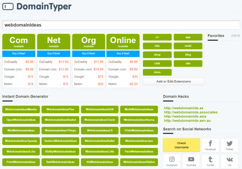 Page de résultats de DomainTyper