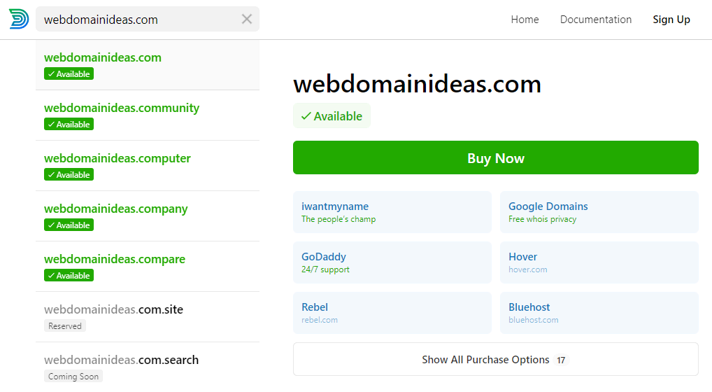 Page de résultats de la recherche de noms de domaine de Domainr
