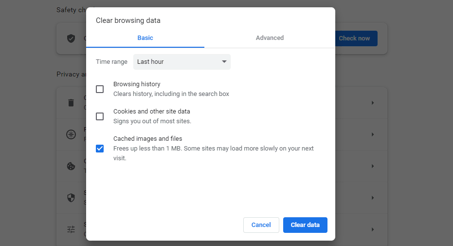 Google Chrome browser's Clear browsing data pop-up window with only the "Cached images and files" box checked.