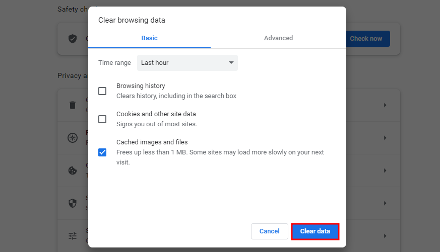 Google Chrome browser's Clear browsing data pop-up window with the "Cached images and files" checked and the "Clear data" button highlighted.