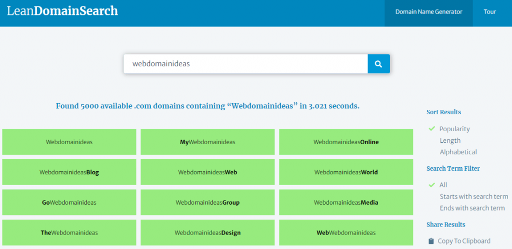 Page de résultats de Lean Domain Search