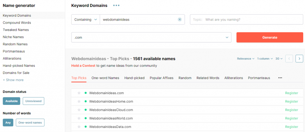 Page de résultats du générateur de noms de domaine NameStation
