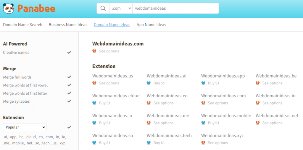 Panabee domain name generator result page