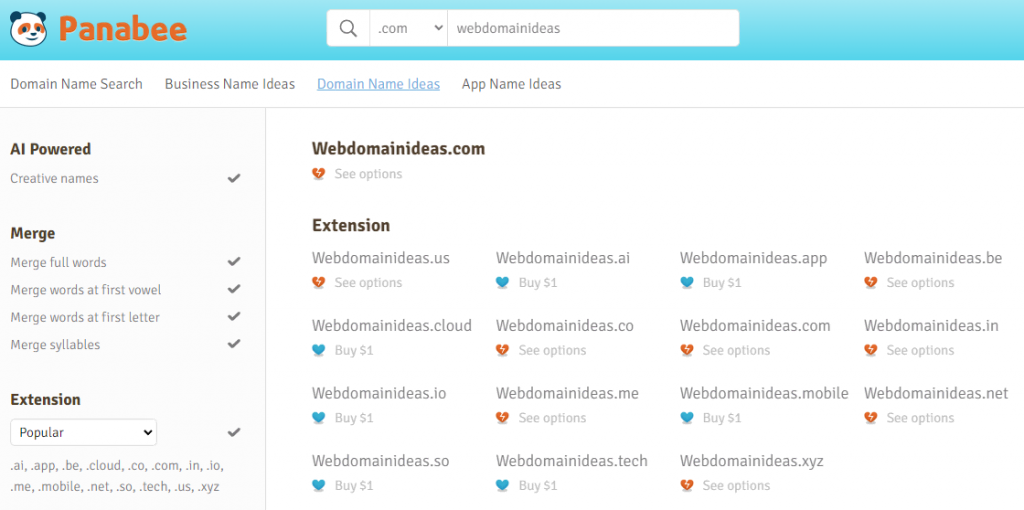 Panabee domain name generator result page