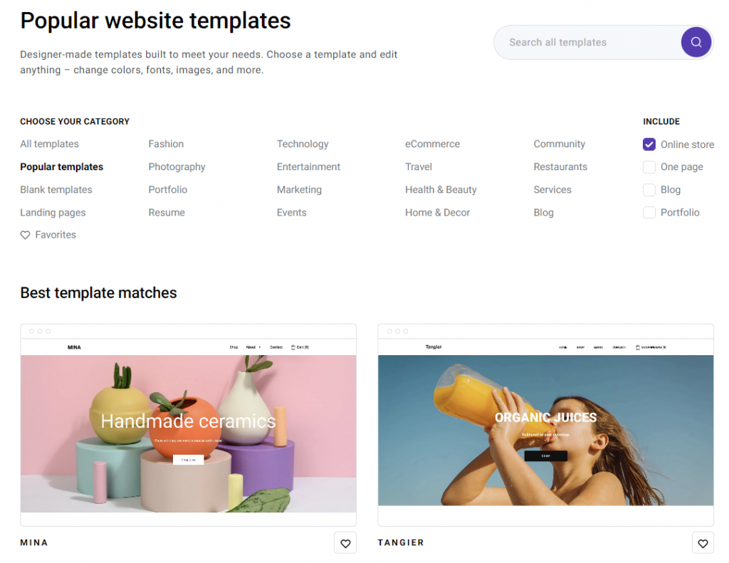 Previews of website templates by Zyro