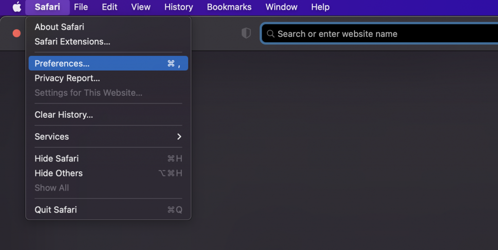 Safari browser tab drop-down menu opened with the "Preferences" option highlighted.