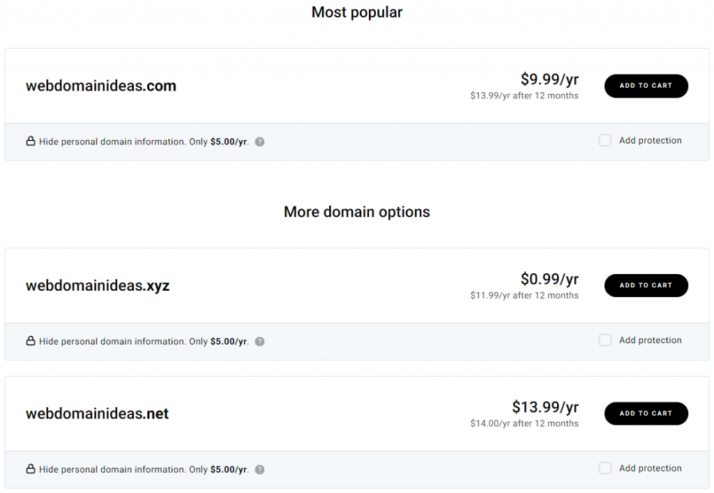 Zyro domain name generator result page