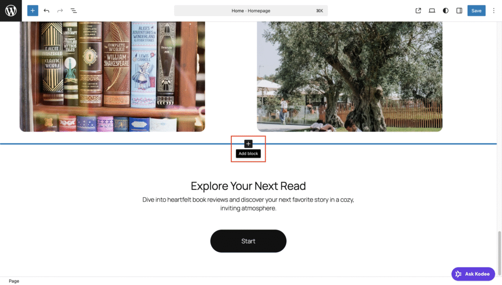 The Add block button in WordPress Site Editor