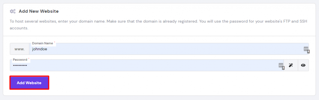Adding your new domain name, setting its password, and clicking on the Add Website button.