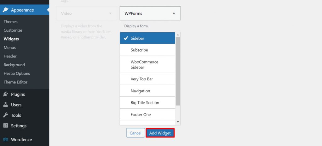 Choose where to display the WPForms widget on your WordPress site.
