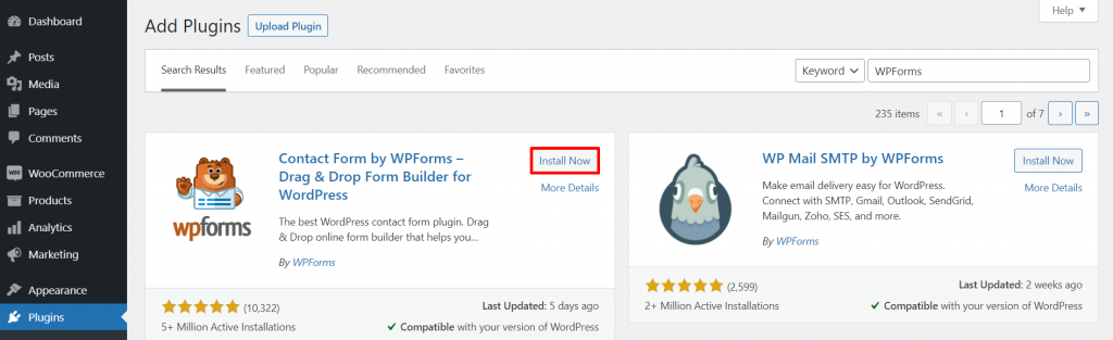 The "Install Now" button in the WordPress plugin directory, right next to the WPForm plugin 